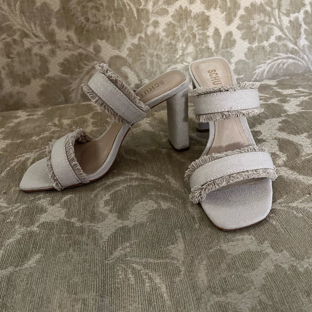 Schutz Women's Beige Fringed Dual-Strap Block Heel Sandals